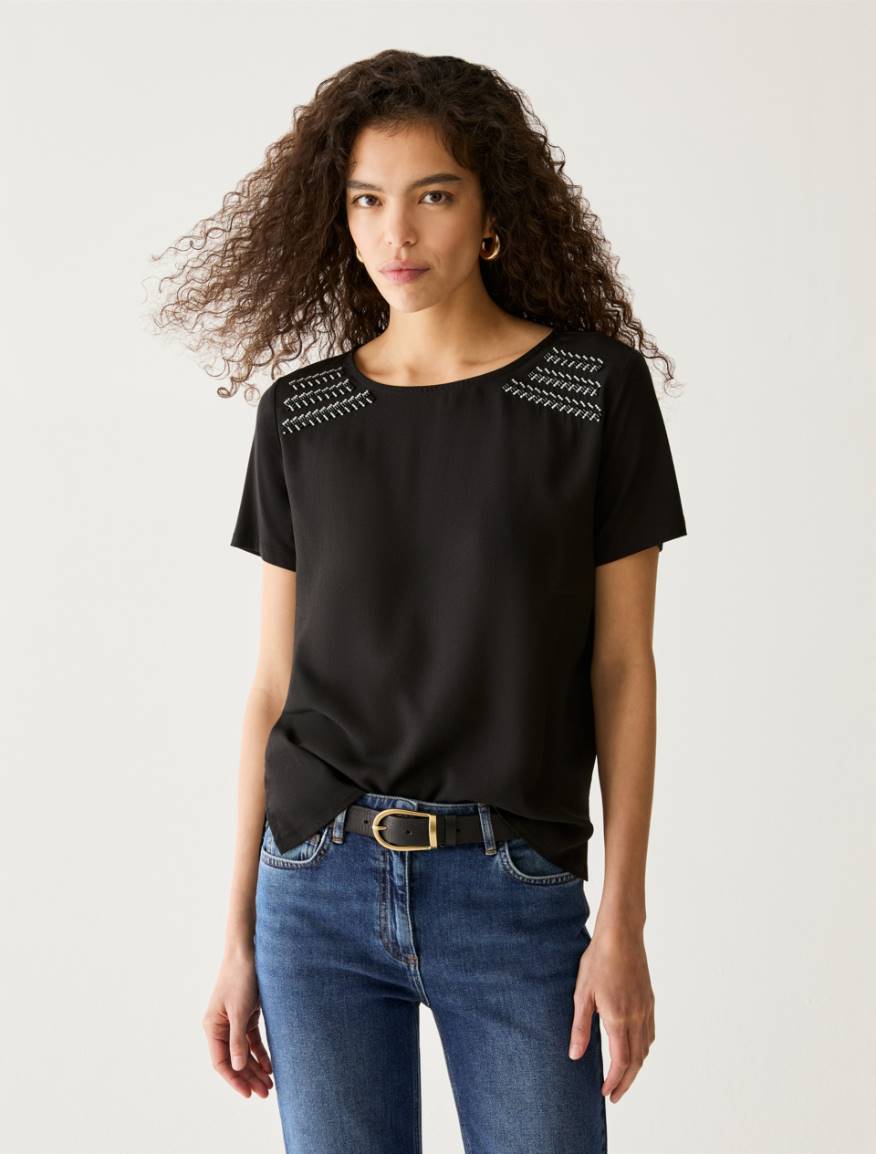 Jersey and crêpe de Chine T-shirt - BLACK - Pennyblack