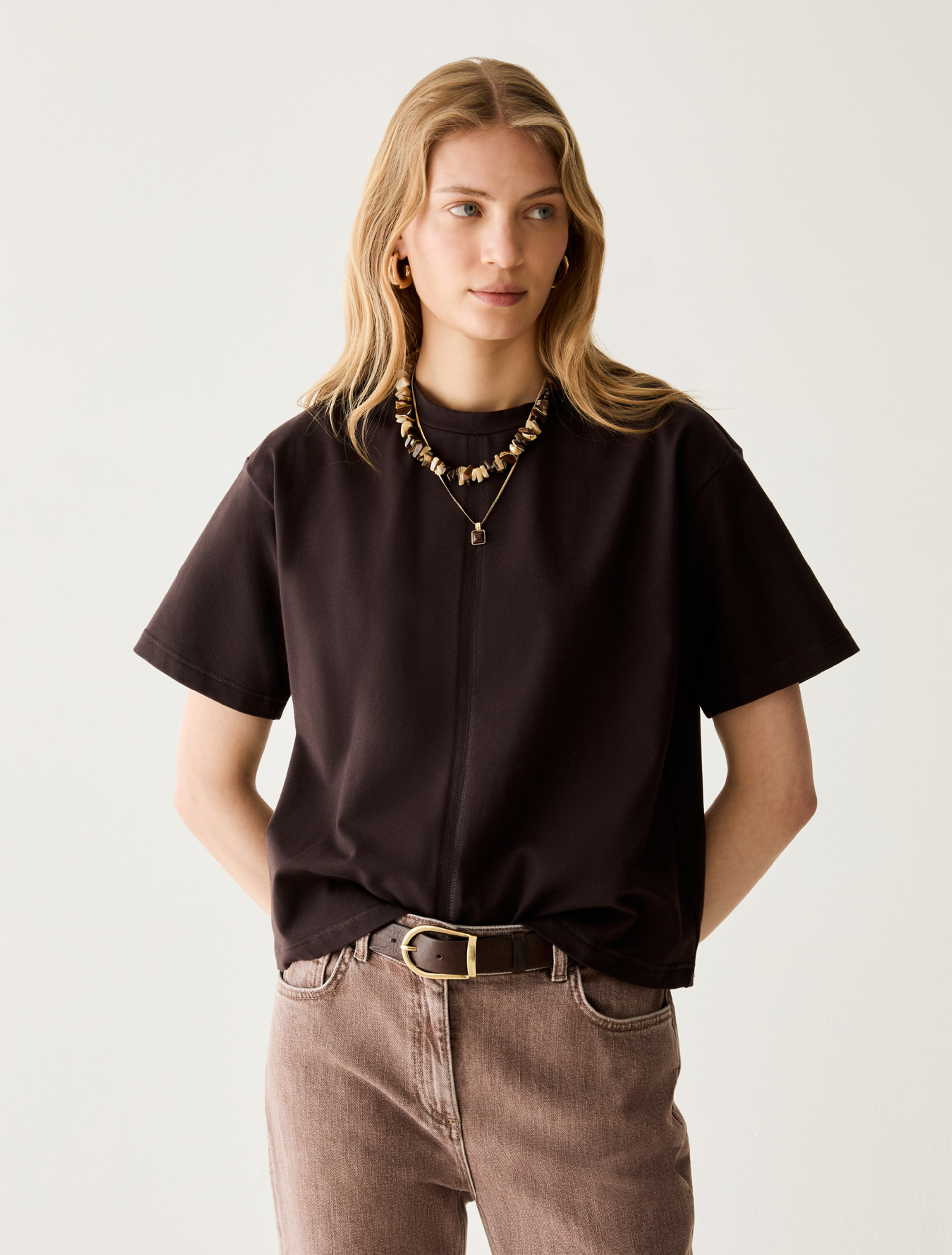 Boxy-cut cotton T-shirt - DARK BOWN - Pennyblack - 1