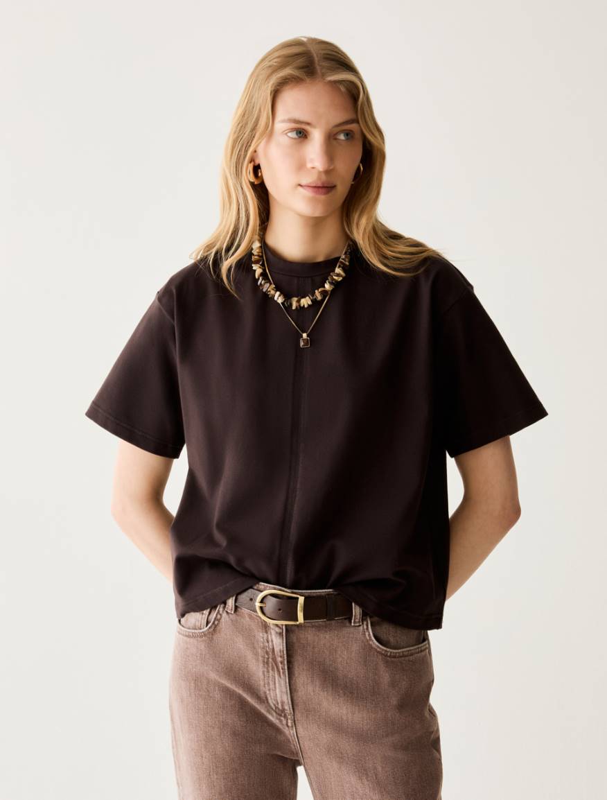 Boxy-cut cotton T-shirt - DARK BOWN - Pennyblack