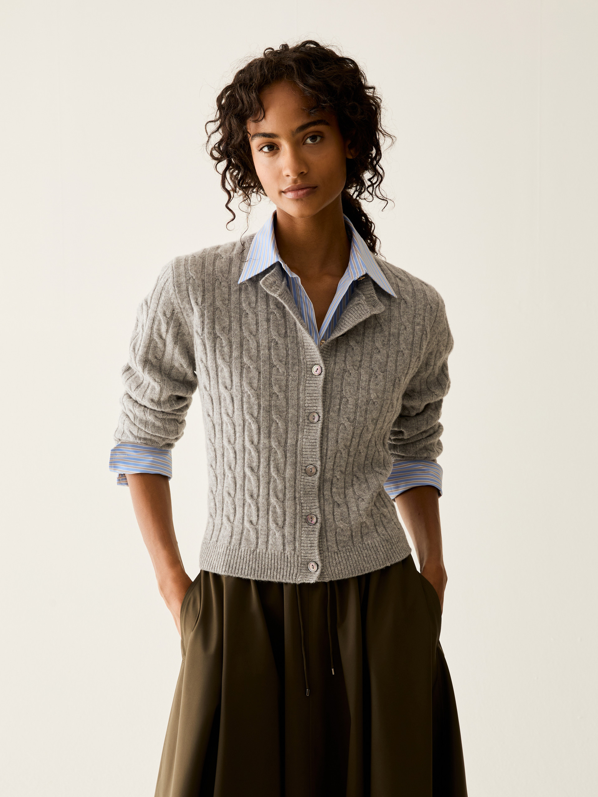 Slim cable-knit wool cardigan - MEDIUM GREY - Pennyblack - 1