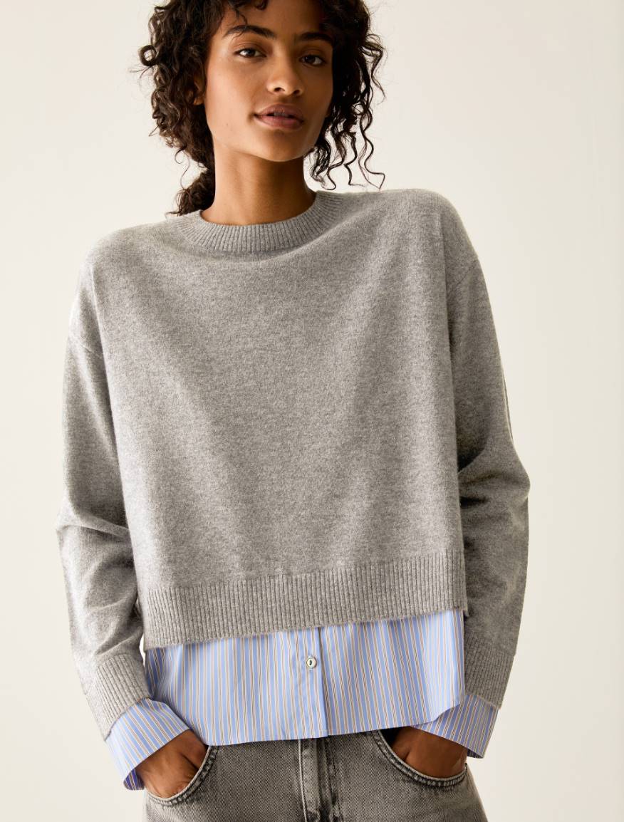 Merino wool and poplin jumper - MEDIUM GREY - Pennyblack - 4