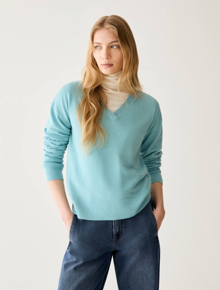 Pure wool V neck jumper - AQUAMARINE - Pennyblack